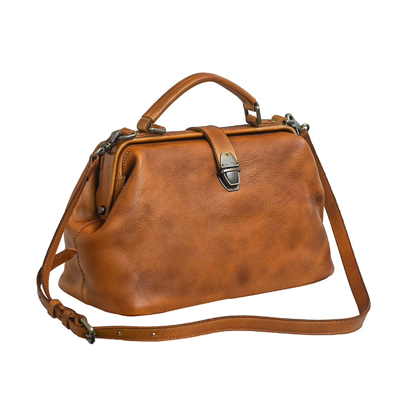 Luxury Handmade Genuine Leather Handbag Vintage Gold-Frame Doctor Bag Casual Large Capacity Shoulder Bag For Women - Thumbnail 5