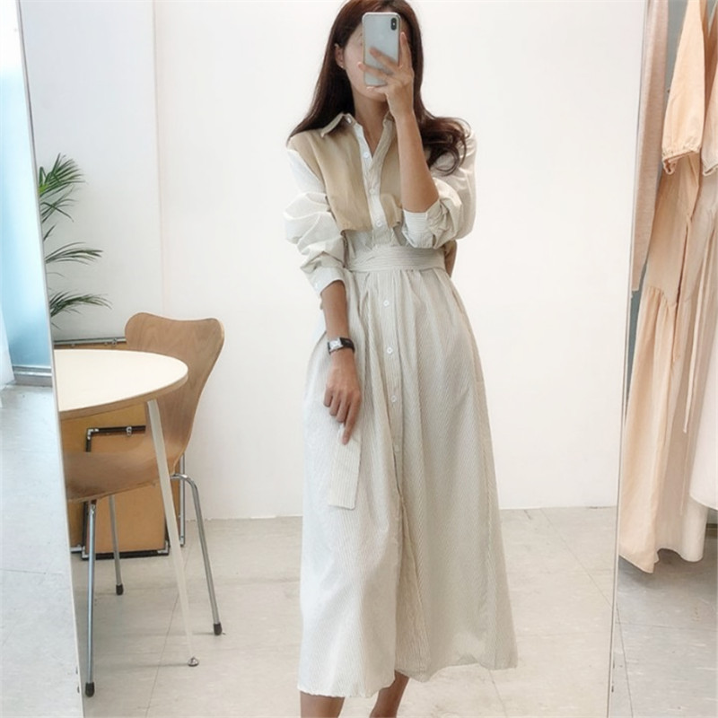 5550 Korean Style Chic Single-Breasted Striped Faux Two-Piece Long Dress 2025 Autumn New Over-The-Knee Shirt Dress