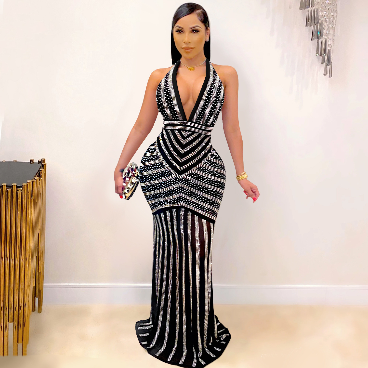 X3816 moda europea y americana eBay AliExpress sexy profundo V backless discoteca vestido de fiesta rhinestone ver a través del vestido