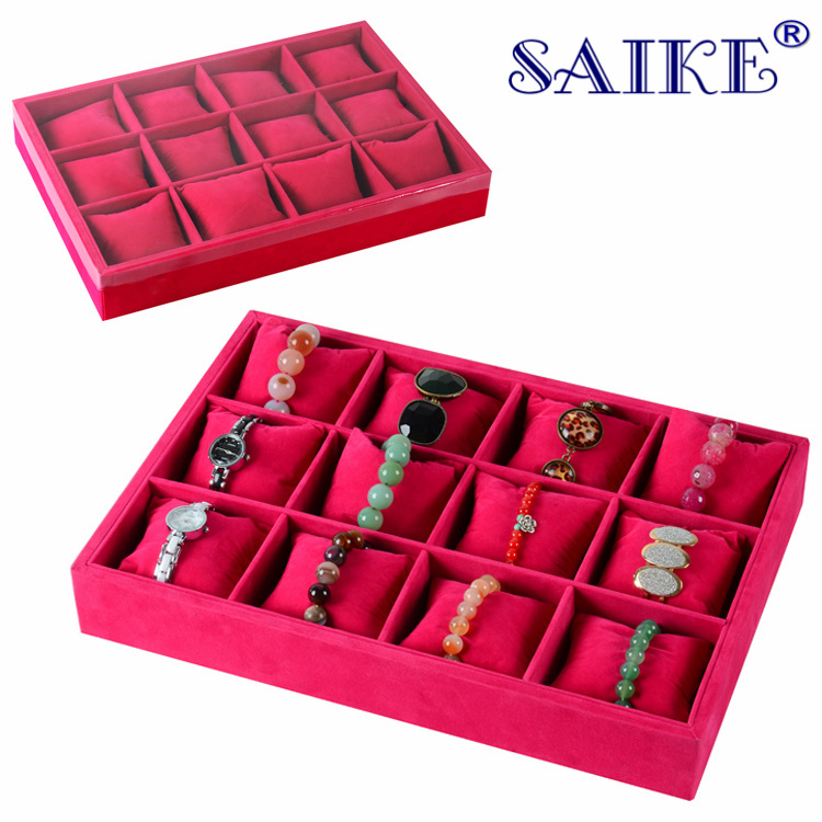 现货批发12格桃红色布手表盘手表托盘首饰收纳盘表盘手表展示盘