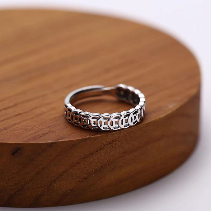 s925素银铜钱戒指女泰银做旧钱多多食指韩版ins复古个性指环招财