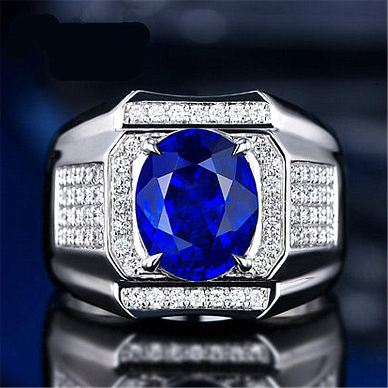 Open Aggressive Large Naked Diamond Sapphire Ring Plated with 18K White Gold Diamond Inlaid with Color Treasure Full Diamond Group Men's Ring
