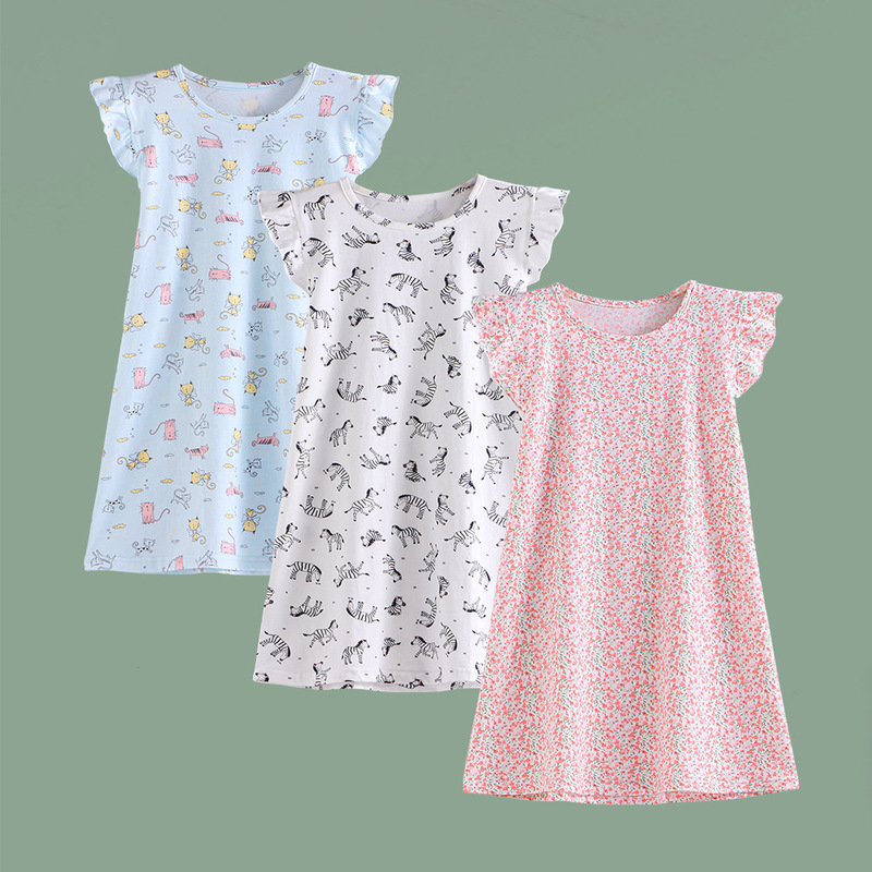 Girls' Nightgown Pure Cotton Children's Short-Sleeved Dress Pajamas Baby Thin Home Wear Clothing for Small and Medium-Sized Children Pure Cotton Class a