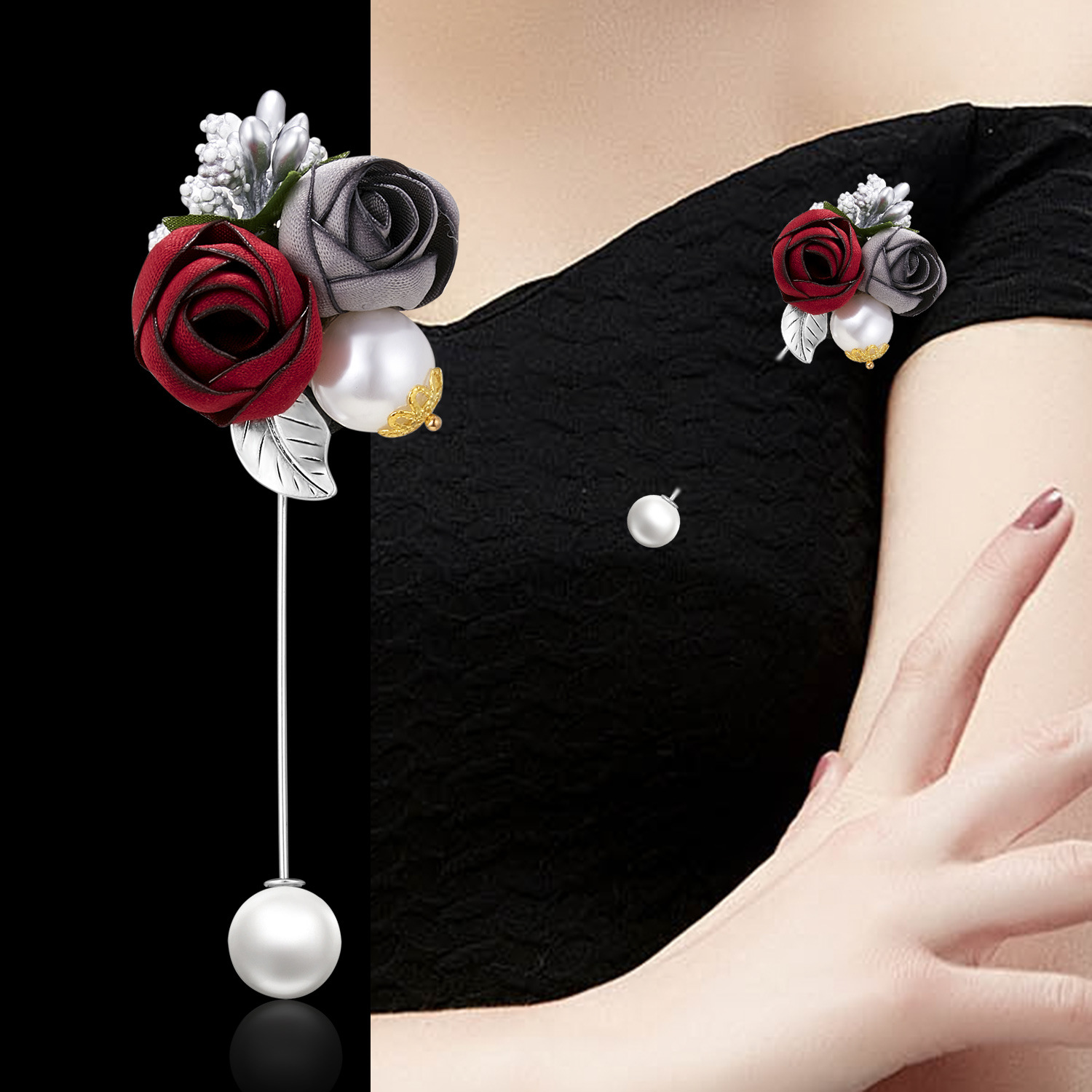 Broche baroque élégante avec filigrane émail et cristaux floraux_voghion.com