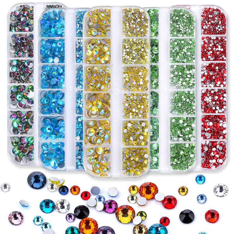 Cross-border Direct Supply Hot-selling Electroplated Magic Color Flat Bottom 12-grid Nail Art Rhinestone Set Nail Beauty diy Jewelry Accessories