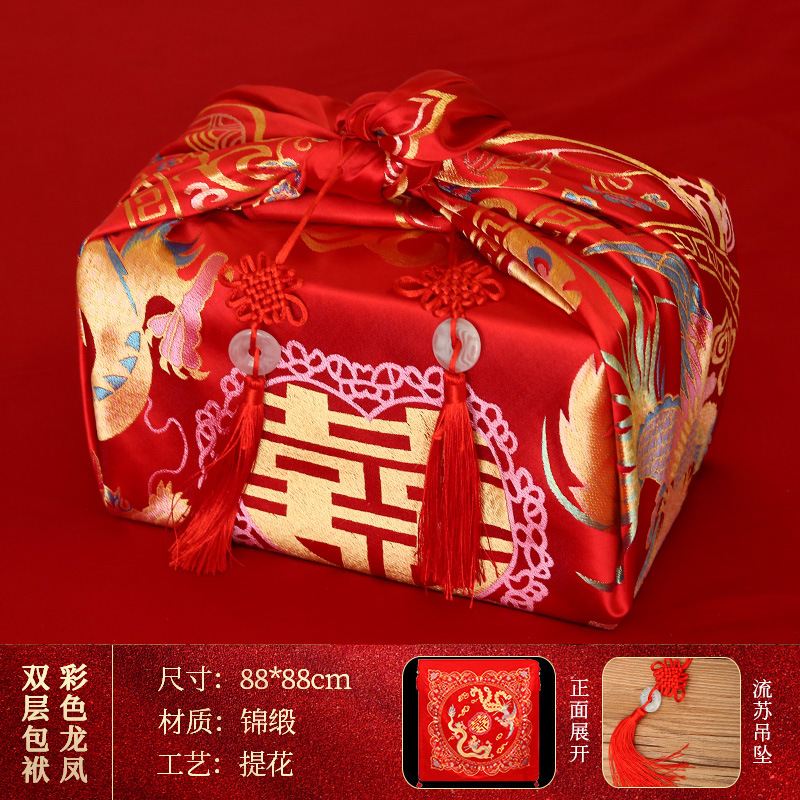 Boda de cuero envuelto novia dote rojo bordado dragón y Fénix gran cuenca de la boda paño envuelto paño rojo suministros de la boda al por mayor