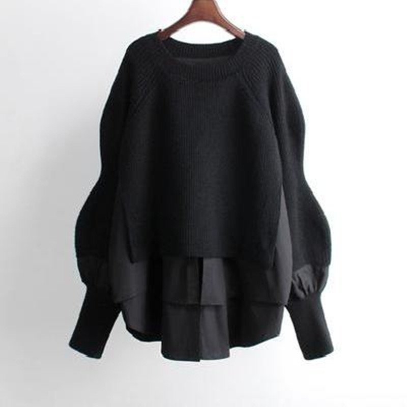 クロスボーダーヨーロッパステーション偽ツーピースセーター春と秋の新しい女性のデザインルーズスタイルシャツスプライシングニットトップ|undefined