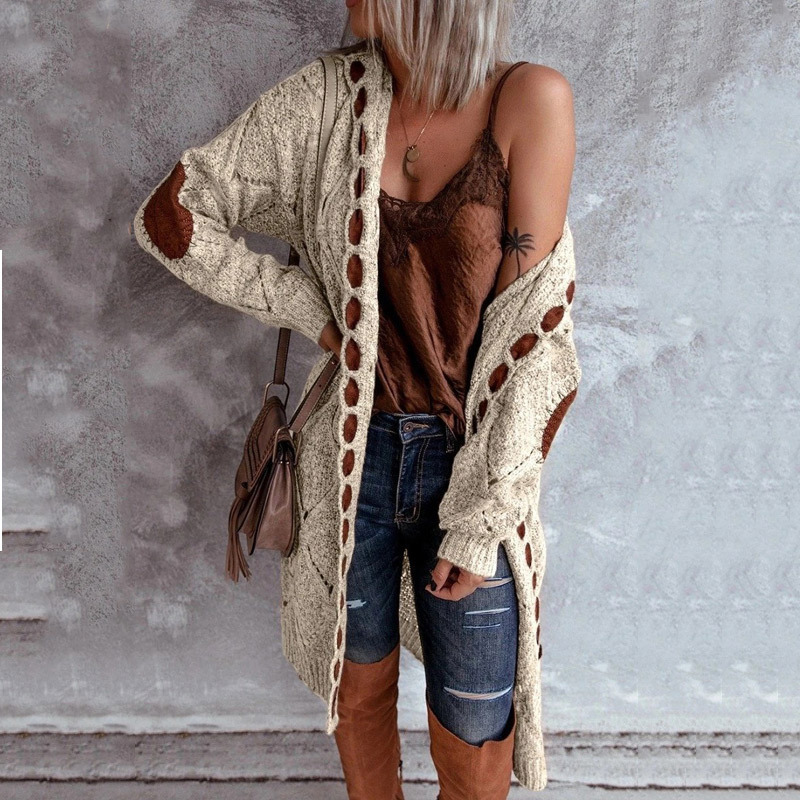 2023 transfronteriza Amazon Otoño e Invierno terciopelo cuero costura abrigo color coincidencia de punto largo con capucha suéter cardigan abrigo para las mujeres