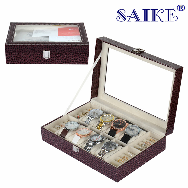 现货批发8位+戒指咖啡色鳄鱼纹手表收纳盒手表箱首饰盒手表盒