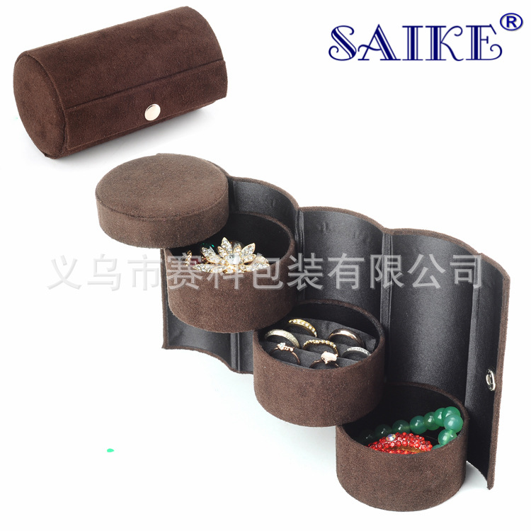 现货批发咖啡色绒布圆筒三层收纳首饰盒创意圆筒首饰盒圆筒包装