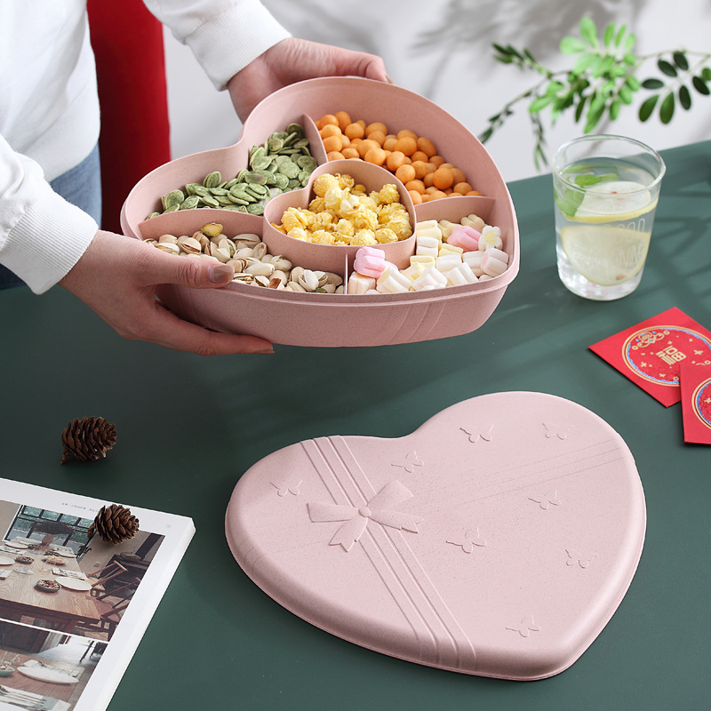 Trigo plato de fruta del hogar en forma de corazón plato de fruta seca caja de dulces de vacaciones caja de fruta seca caja de almacenamiento de aperitivos con tapa regalo