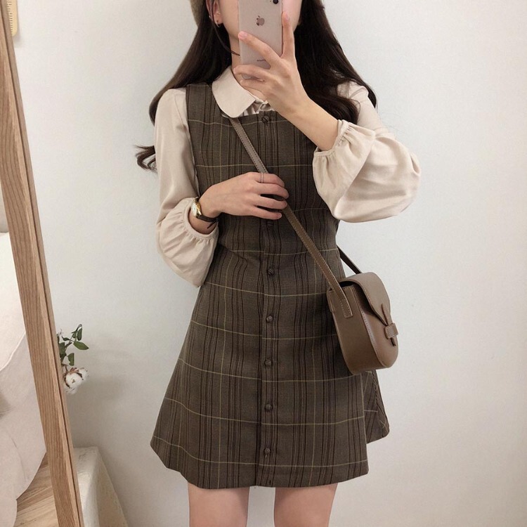 Small Spring Matchinging Tall and Slim Western-Style Age-Reducing Suit for Women Hong Kong Style Plaid Suspender Skirt Shirt Preppy Style