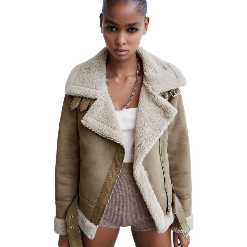 Women's Suede Motorcycle Jacket, Thickened Shearling Lining, Large Lapel, XS–XL