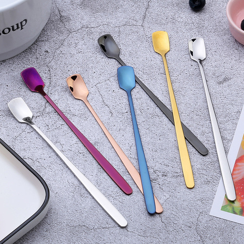304 stainless steel square head ice spoon hotel restaurant long handle ice spoon creative dessert stirring spoon Korean coffee spoon