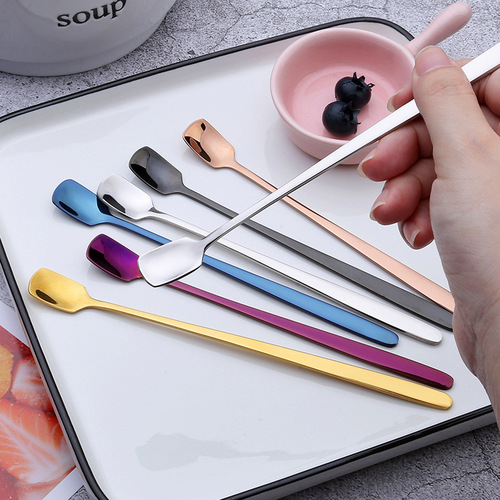 304 stainless steel square head ice spoon hotel restaurant long handle ice spoon creative dessert stirring spoon Korean coffee spoon