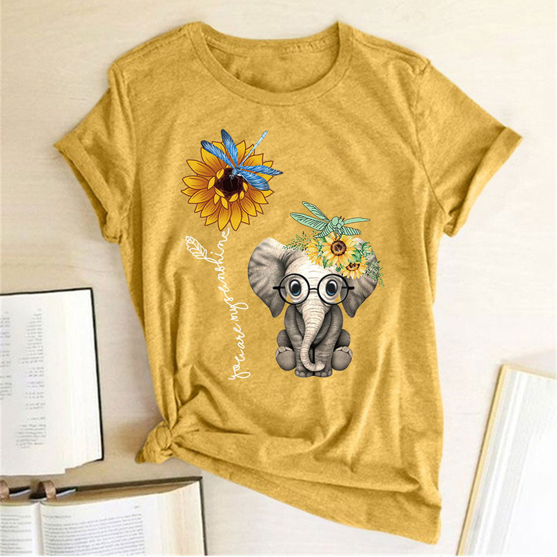 Cute Sunflower Elephant Dragonfly Animal Print European and American Women plus size Short Sleeve T-Shirt Top S-3XLT16593
