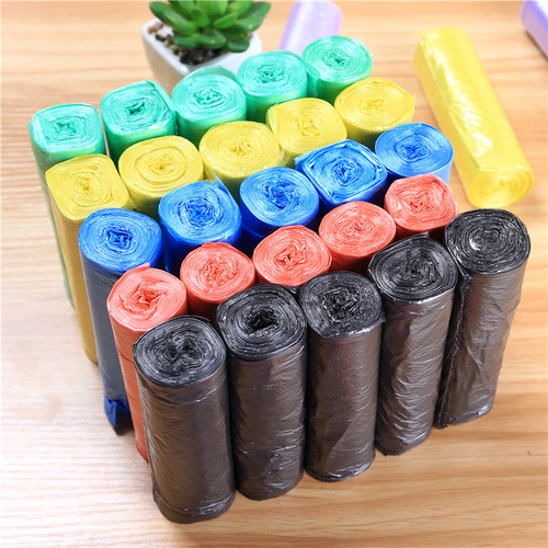 Flat-mouth trash bags, extra-thick, tear-off type, disposable, for home, office, medium-sized, colored plastic bag roll.
