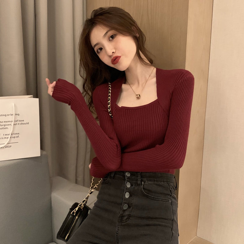 Fashionable Bottoming Shirt, Autumn and Winter Women's U-Neck Sexy and Stylish Pure Color Knitwear, Long-Sleeved Knitwear Top, Drop Shipping