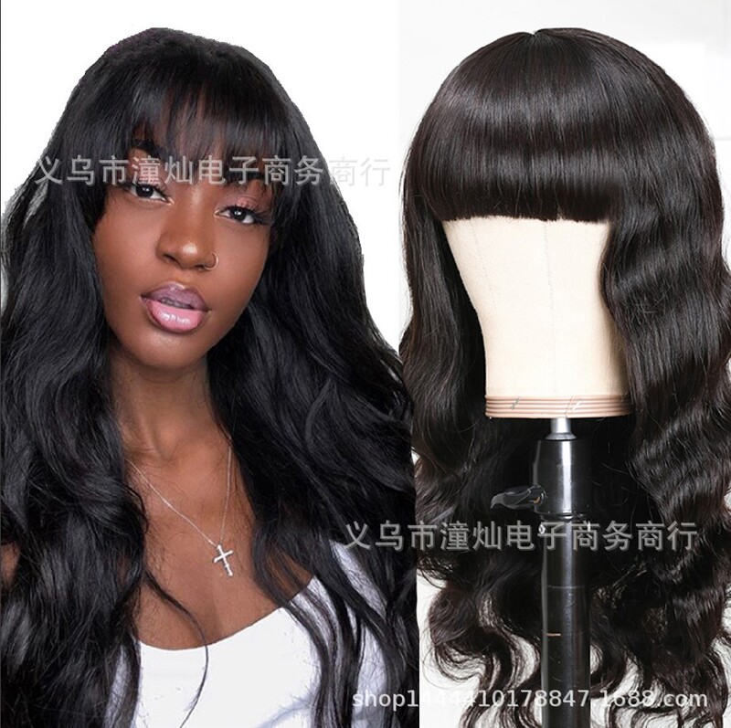 2024 Amazon New European and American Wig with Bangs, Black Big Wavy Long Curly Hair, Size Wholesale