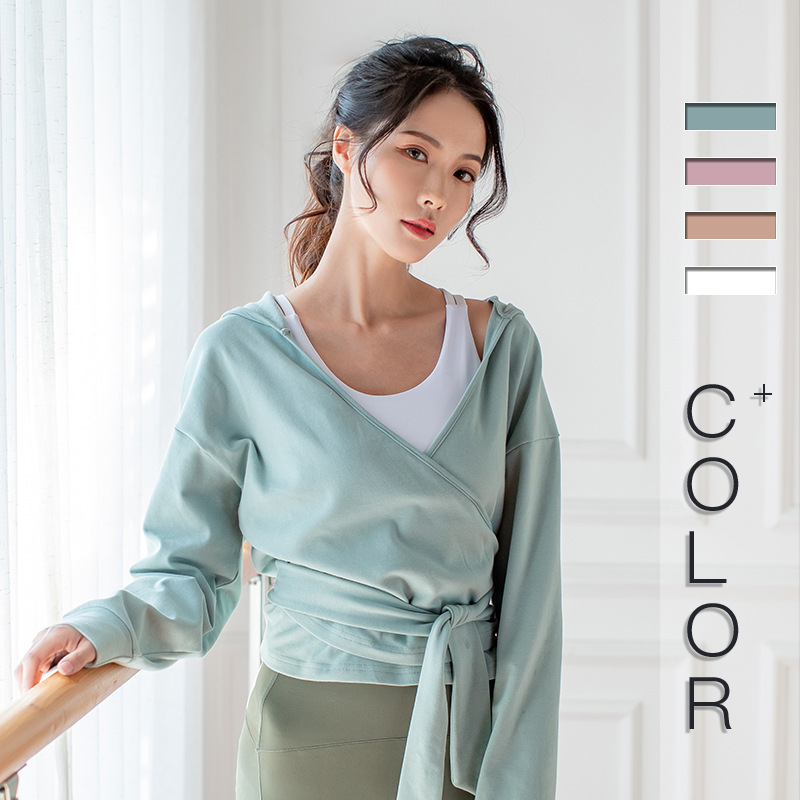 New Fleece-lined Long-sleeved Yoga Wear Autumn and Winter Lace-up Cotton Fitness Wear Loose Sports Sweatshirt Hoodie Coat Women