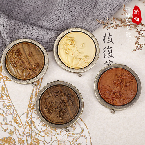 New vanity mirror green sandalwood portable vanity mirror exquisite round small mirror retro folding rosewood gift