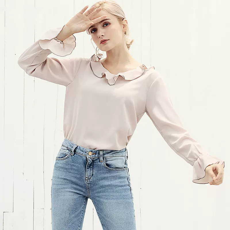 加工定制淘工厂V领衬衫女雪纺宽松系带长袖上衣