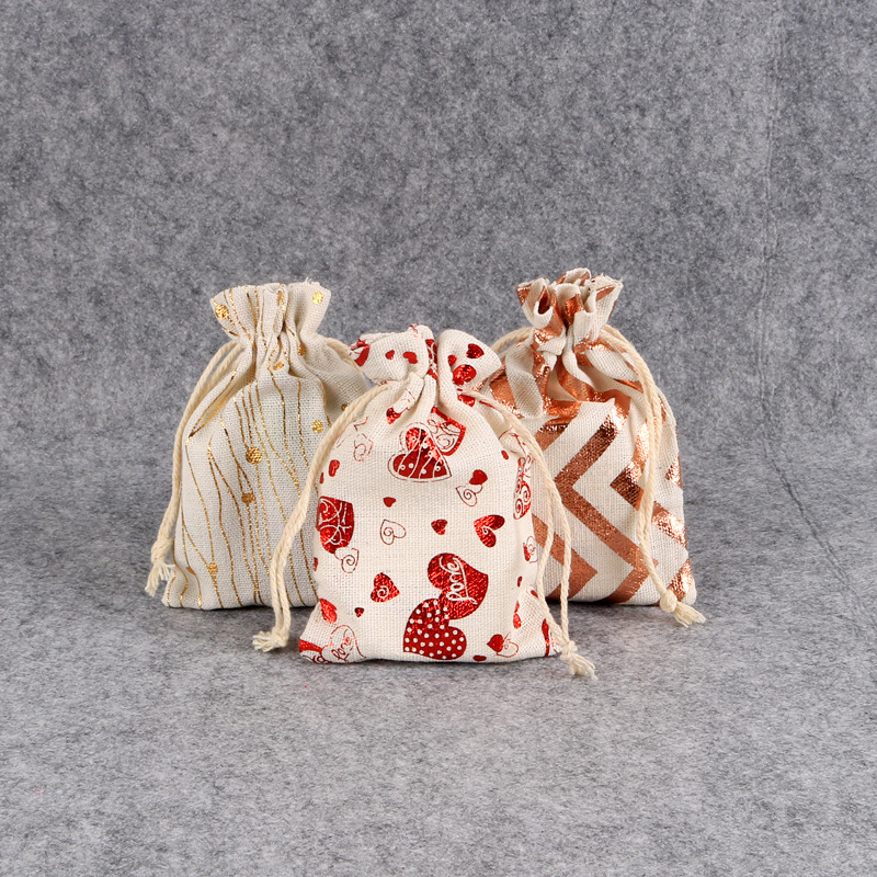 跨境热卖圣诞礼物棉布袋糖果包装袋烫金小礼品收纳袋抽绳束口袋