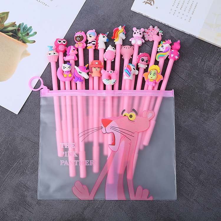 Estudiante gel pluma combinación traje 20 piezas caja de lápiz libre Oficina papelería firma pluma tridimensional muñeca cabeza pluma de agua