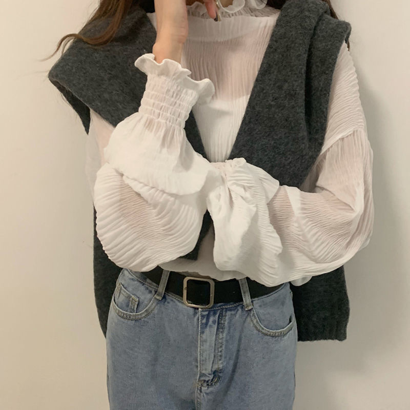 Blusa de Moda con Cuello Medio Alto con Volantes, Camisa Base de Chifón con Mangas Campana Modernas