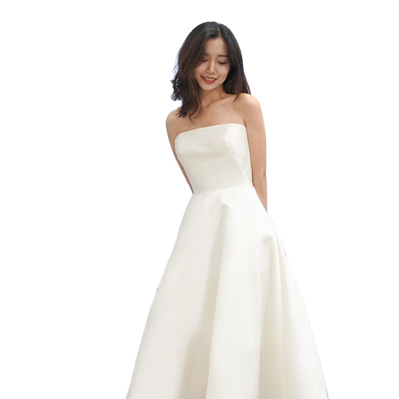 Satin Wedding Dress, Simple 2026 Spring New Korean Strapless, High-waisted, Slimming, Dreamy Princess Style, Suitable_voghion.com