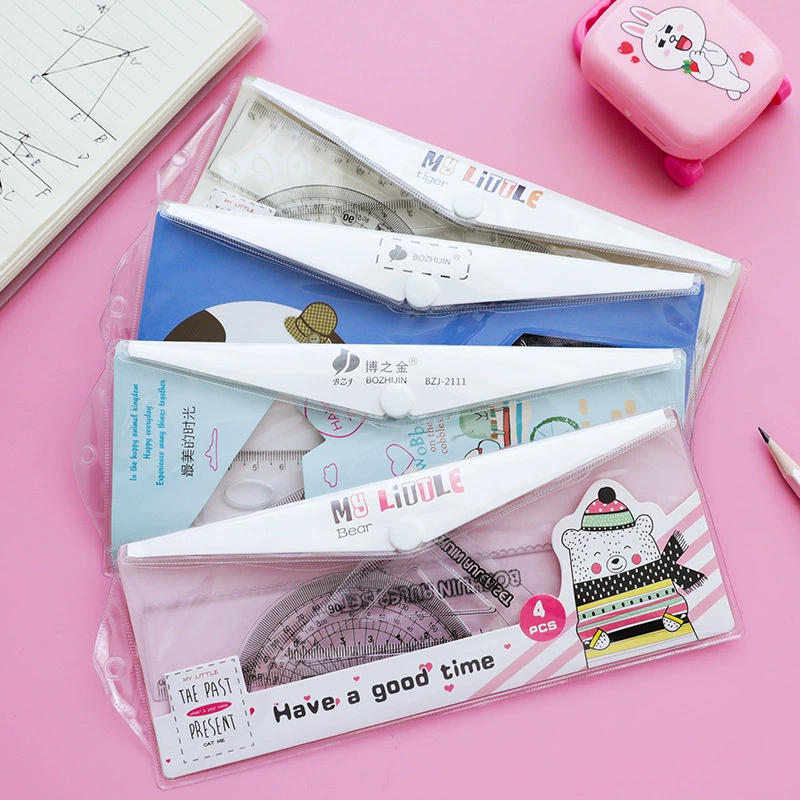 20 см Студенческая мультяшная линейка пластиковая многофункциональная треугольная детская канцелярская принадлежность геометрический рисунок набор из четырех предметов школьного открытия