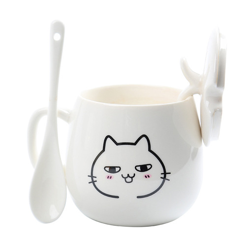 Creative mug, cute expression ceramic mug, water cup with lid, spoon, tea cup, women's coffee cup