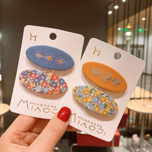 Korean version of children's ins fabric floral flower hairpin new girl embroidered oval BB clip baby bangs side clip
