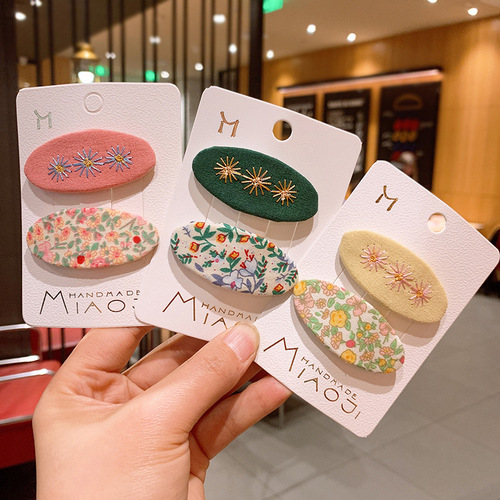 Korean version of children's ins fabric floral flower hairpin new girl embroidered oval BB clip baby bangs side clip