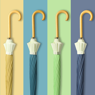 Japanese and Korean Style Small Fresh Long Handle Umbrella 16-Bone Large Straight Rod Sunny Umbrella ins Wooden Curved Handle Spliced Umbrella Wholesale