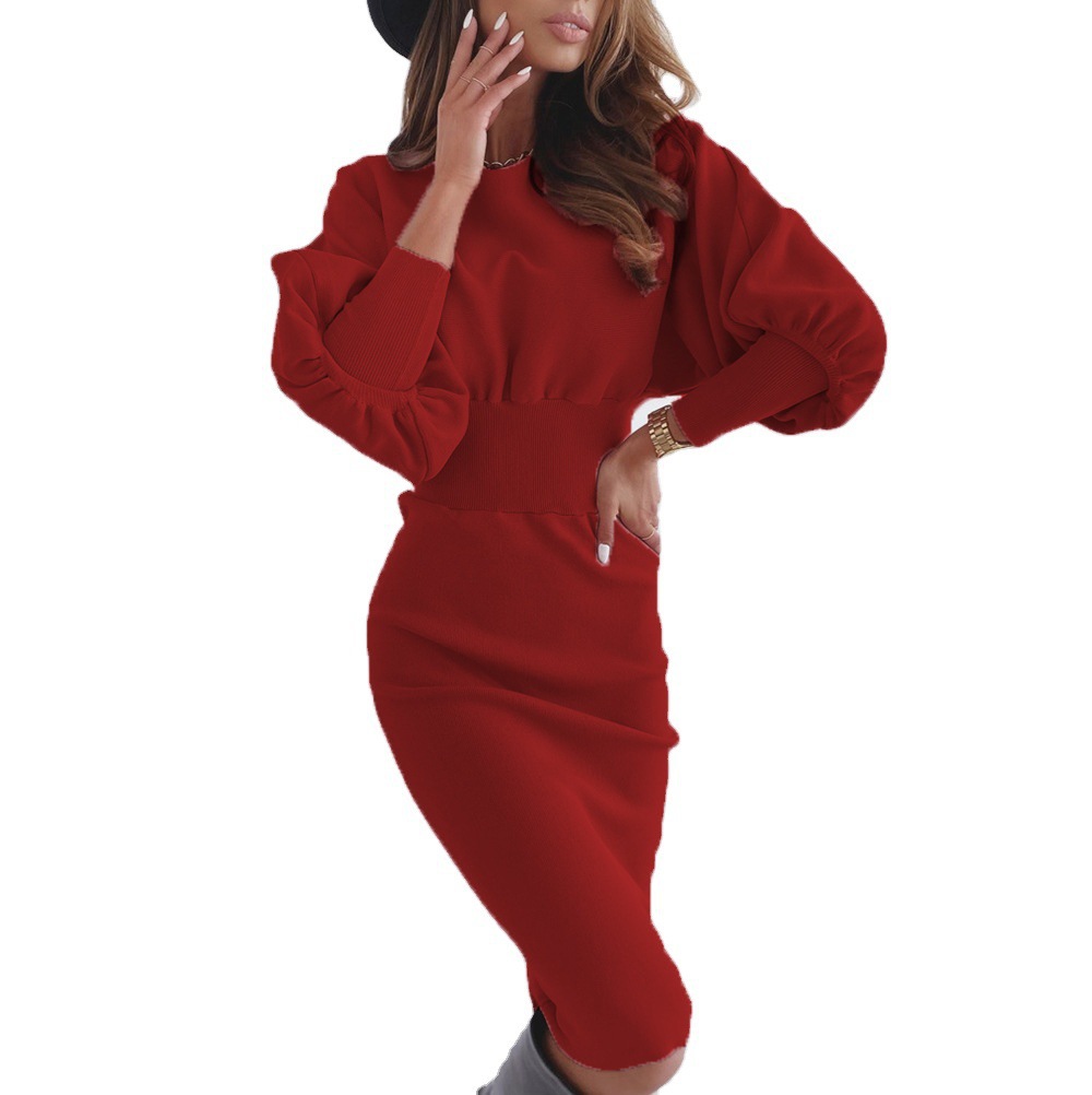 Ebay Cross-Border Wish European and American Casual Pure Color Round Neck Waist Knitwear Sexy Hip Dress Women's Clothing