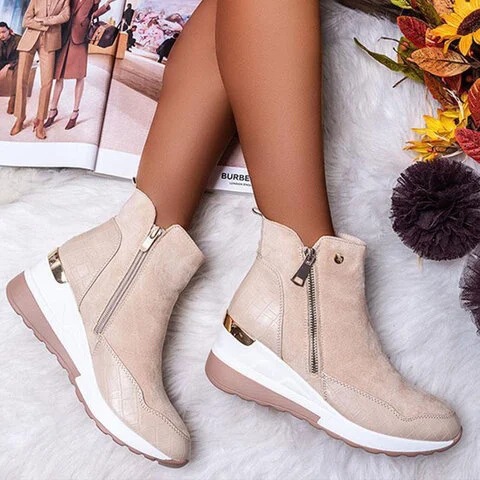Cross-border Low Warm Round Head Winter Solid Color Wedge Side Zip Brown Women's Martin Boots Thick-soled Snow Boots