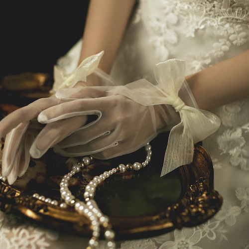Factory hair wedding dress gloves lace fairy style bride wedding flowers white gauze pearl short style spring autumn summer women