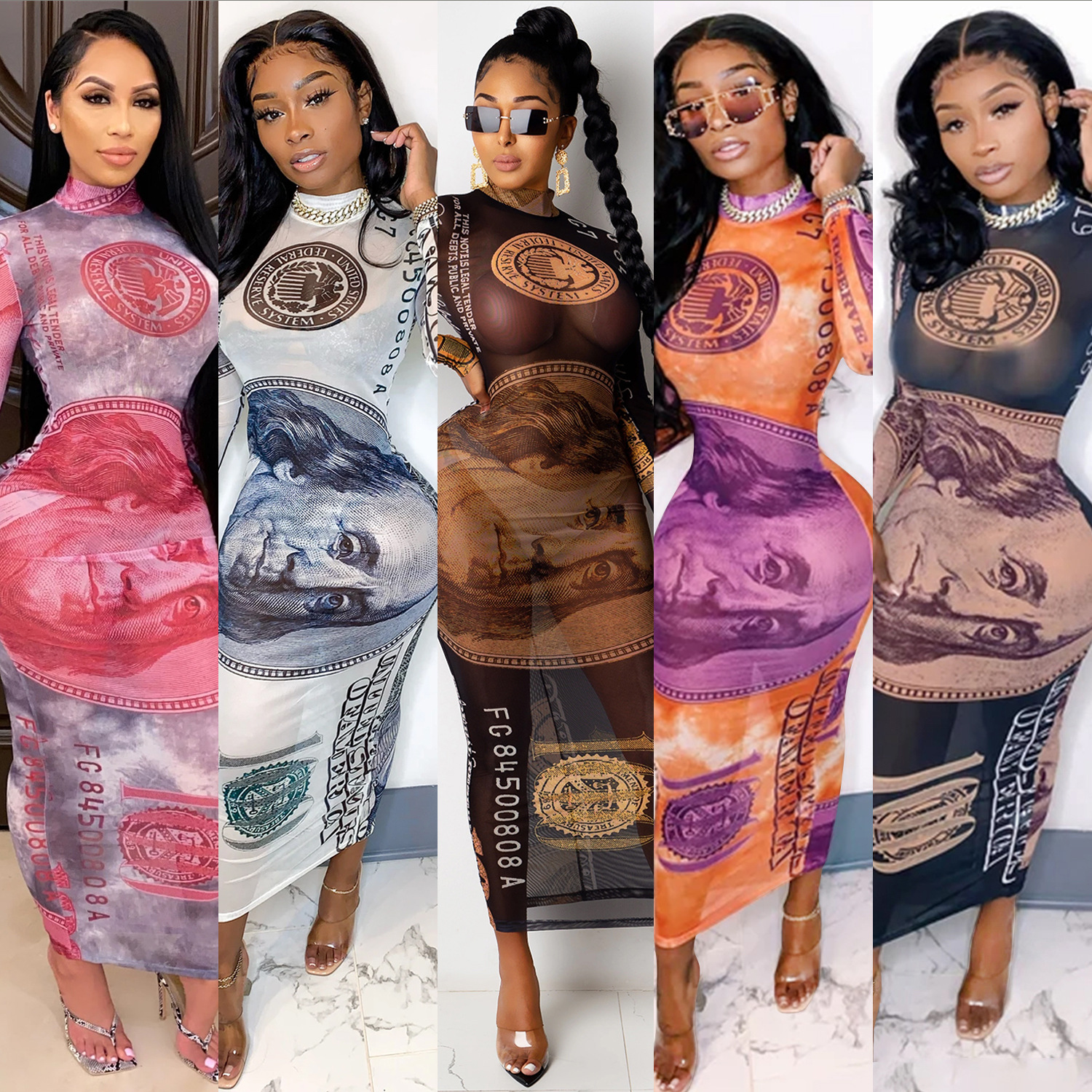 X3766 Otoño e Invierno nuevos productos europeos y americanos AliExpress Amazon sexy malla perspectiva posicionamiento impresión USD vestido image 1