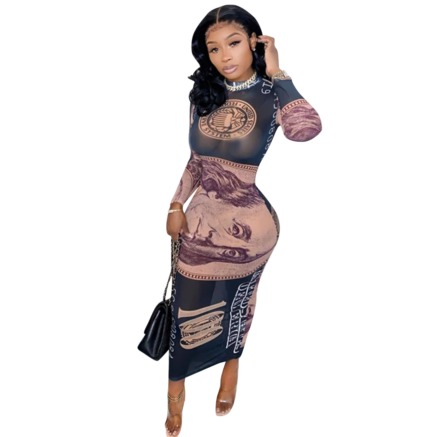 X3766 Otoño e Invierno nuevos productos europeos y americanos AliExpress Amazon sexy malla perspectiva posicionamiento impresión USD vestido image 8