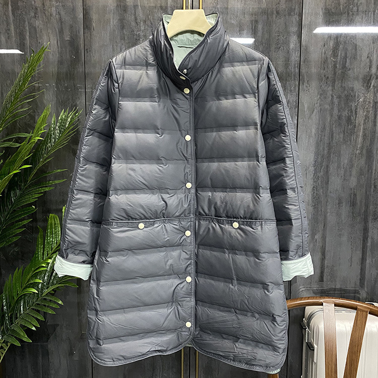 跨境秋冬新款韩版宽松立领轻薄压胶羽绒服中长款拼色保暖外套潮
