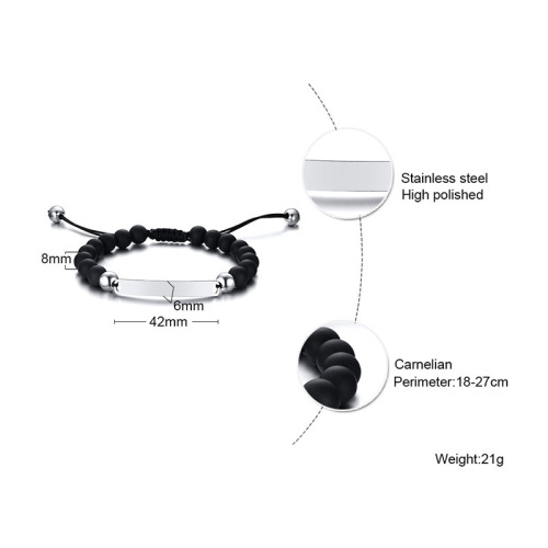 Engravable stainless steel curved plate matte black agate beaded nylon rope braided hand rope for men adjustable BR-610