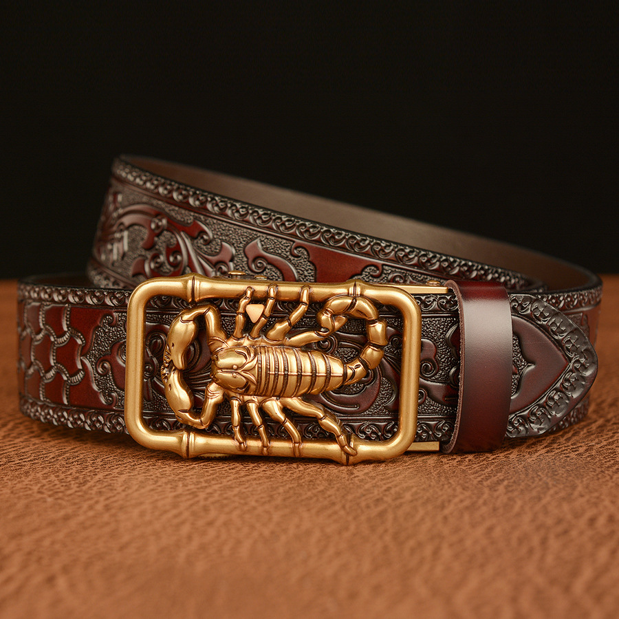 Minimalist Retro Leather Belt For Men With Automatic Buckle Floral_voghion.com