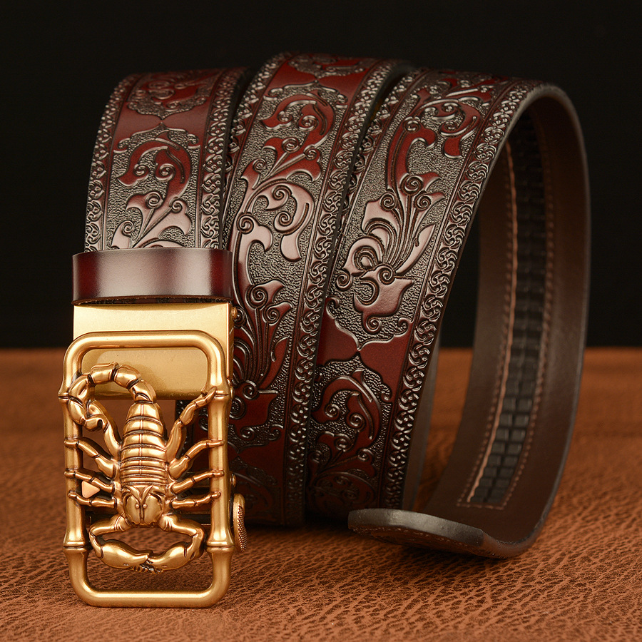 Minimalist Retro Leather Belt For Men With Automatic Buckle Floral_voghion.com