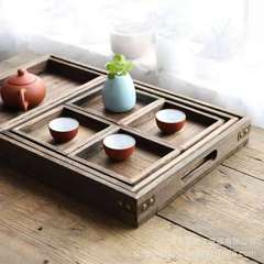 日式木質分割圍爐煮茶盤燒桐木托盤七件套簡約實木乾果糕點茶水盤