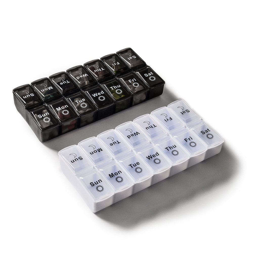 Black and white two-color large-capacity English storage seven-day pills can be split a week Double Row 14 box