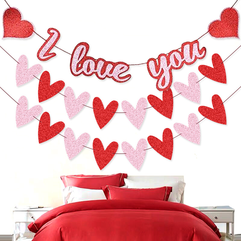Boda Banquete de boda decoración de la fábrica cadena de la bandera del Día de San Valentín tire bandera amor cadena bandera l Te amo