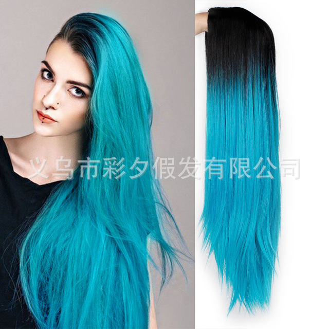 Cross-border European and American hair European and American wig female wigs real hair hood dyed black gradient blue long straight hair