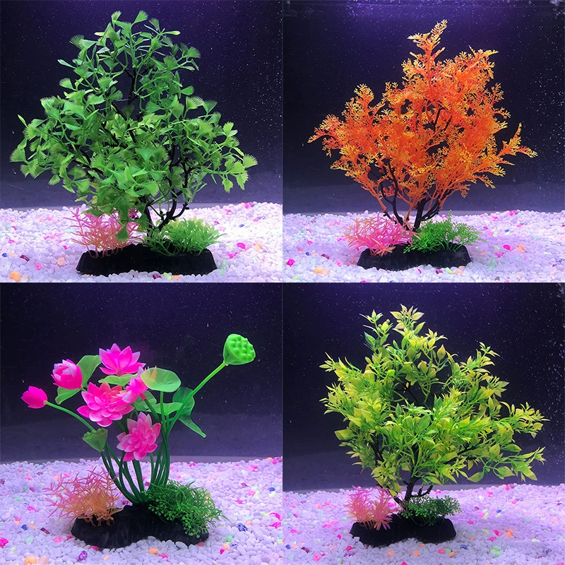 Plastic aquarium, realistic aquatic plants, artificial lotuses