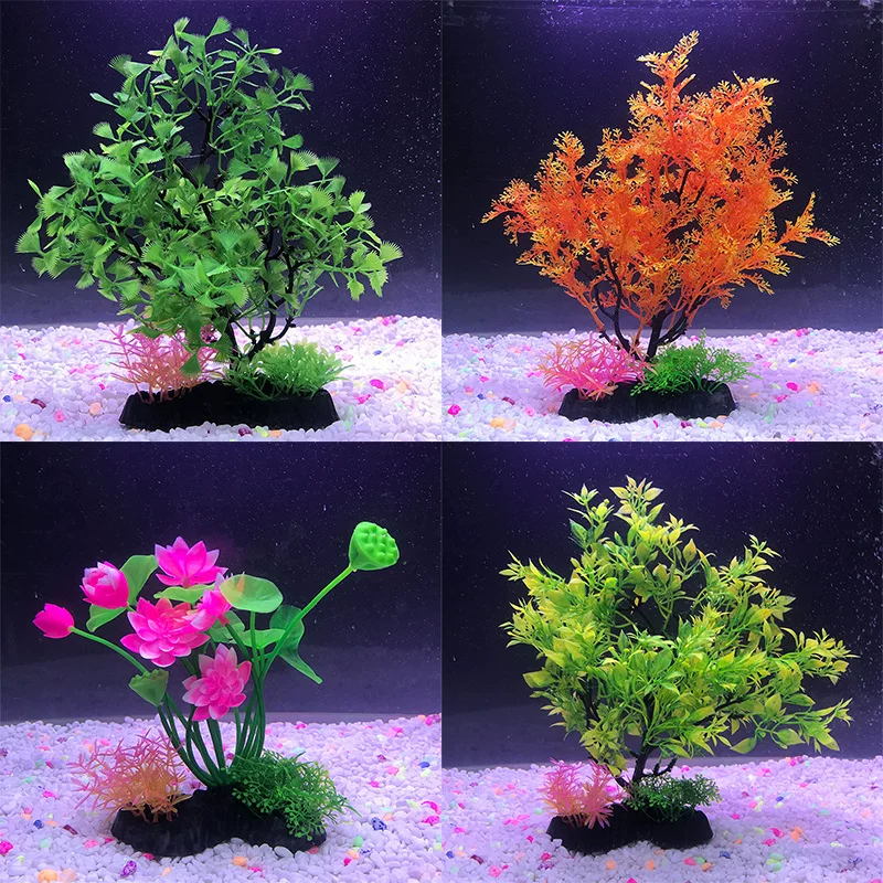 Plastic aquarium, realistic aquatic plants, artificial lotuses